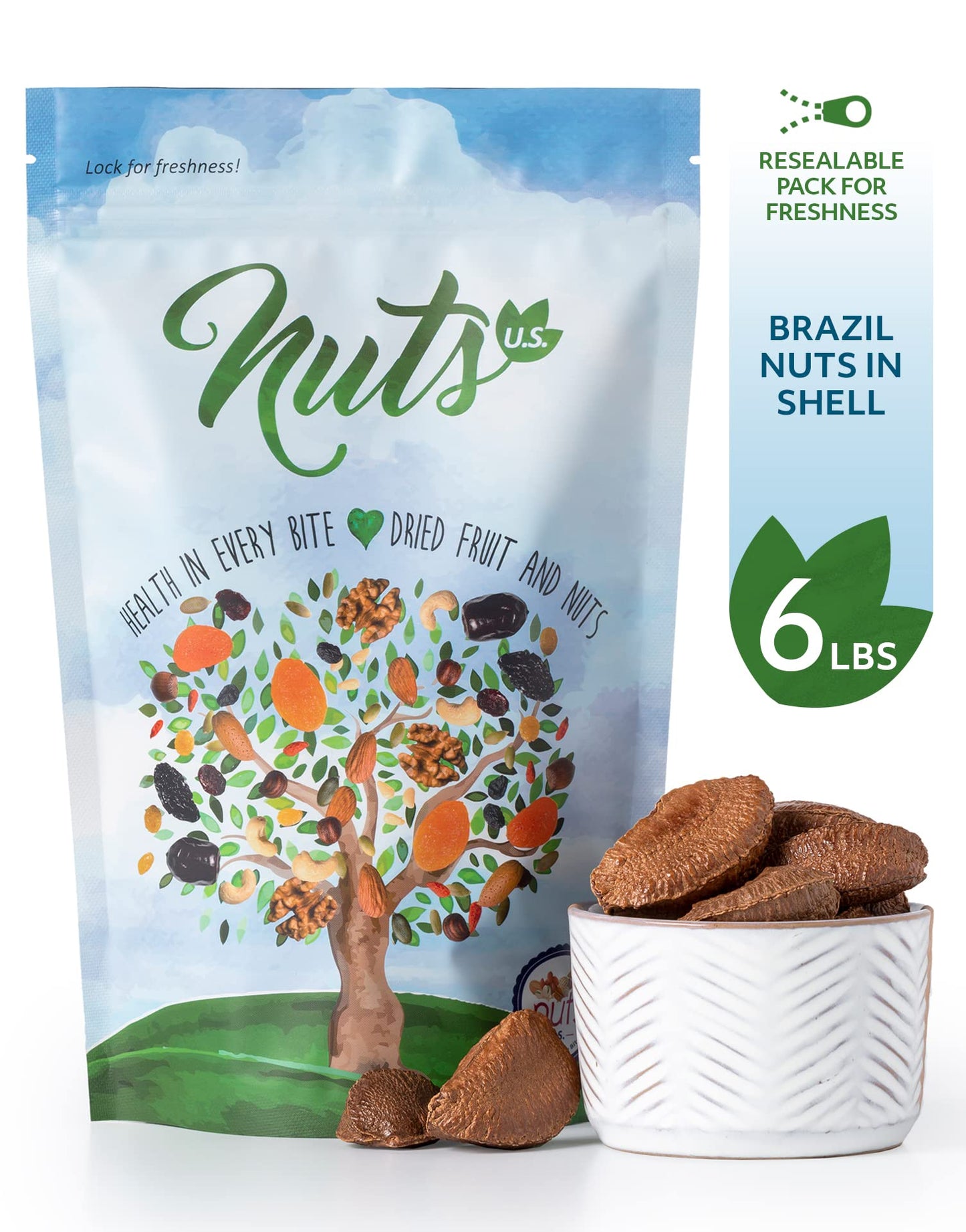 NUTS U.S. - Brazil Nuts In Shell | No Added Colors and No Artificial Flavors | Non-GMO and Natural | Fresh Buttery Taste and Raw | Pasteurized and Polished Brazil Nuts Packed In Resealable Bags!!! (6 LBS)