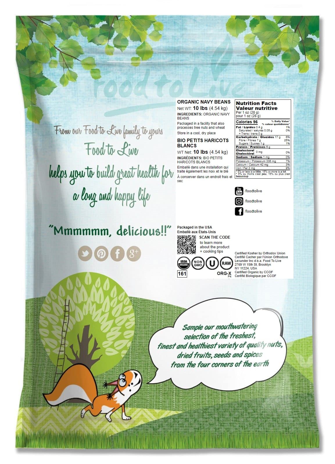 Food to Live Organic Navy Beans, 10 Pounds Non-GMO verified, Kosher, Vegan, Dried White, Bulk. High in Protein and Dietary Fiber