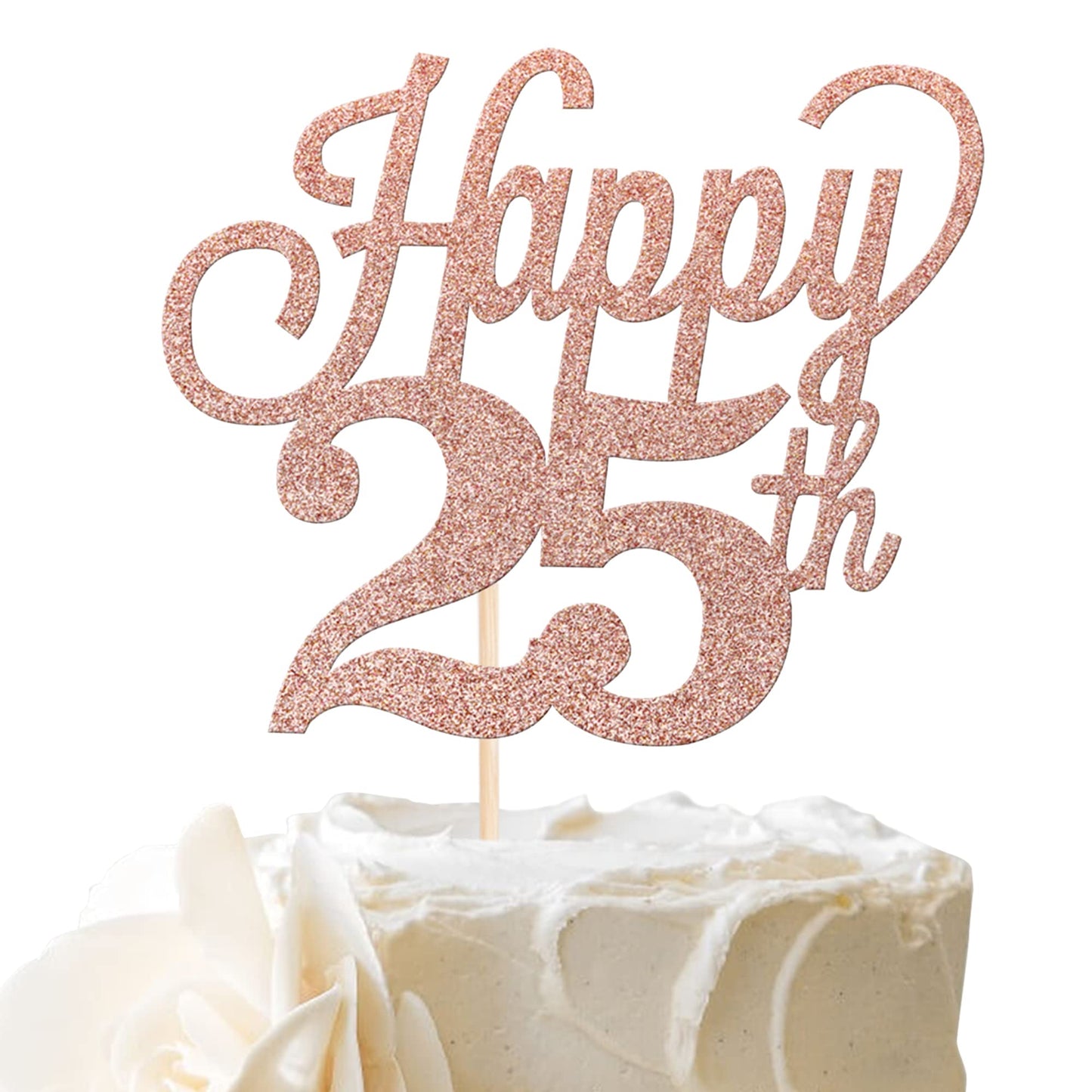 YCTHUNFISH Happy 25th Cake Topper, Black Glitter Number 25, Rose Gold, Bamboo Decorations for 25th Birthday Wedding Anniversary Party Supplies