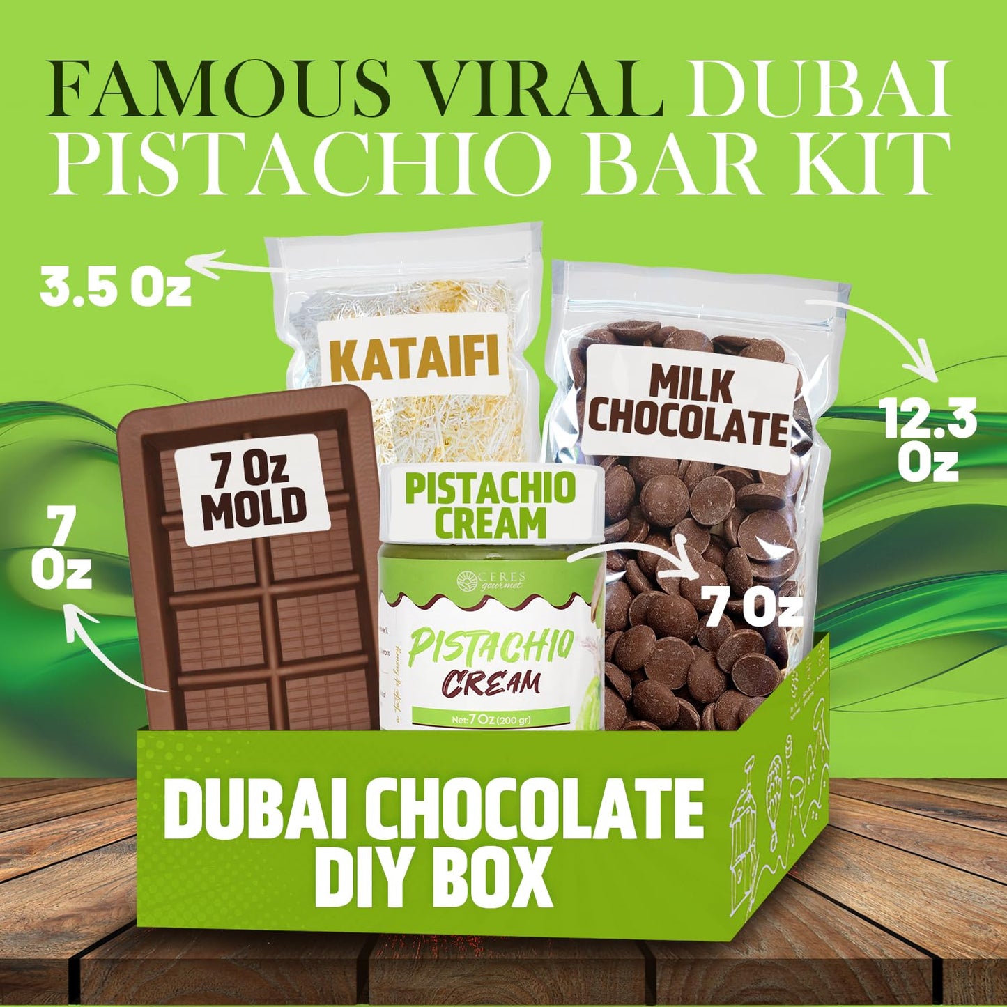Ceres Gourmet Chocolate Bar DIY Kit – Mold, Melting Wafers, Kataifi, Pistachio Spread – 12.3 oz, 3.5 oz, 7 oz