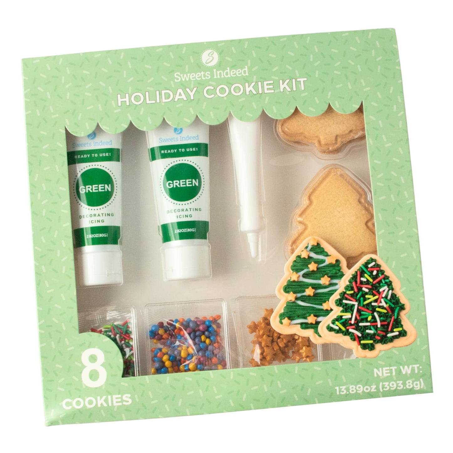 Sweets Indeed Christmas Tree Cookie Decorating Kit | 8 Pre-Baked Tree Cookies With Green & White Frosting And Sprinkles | Holiday Cookie Decorating Set For Kids, Families & Parties – 13.89 Oz