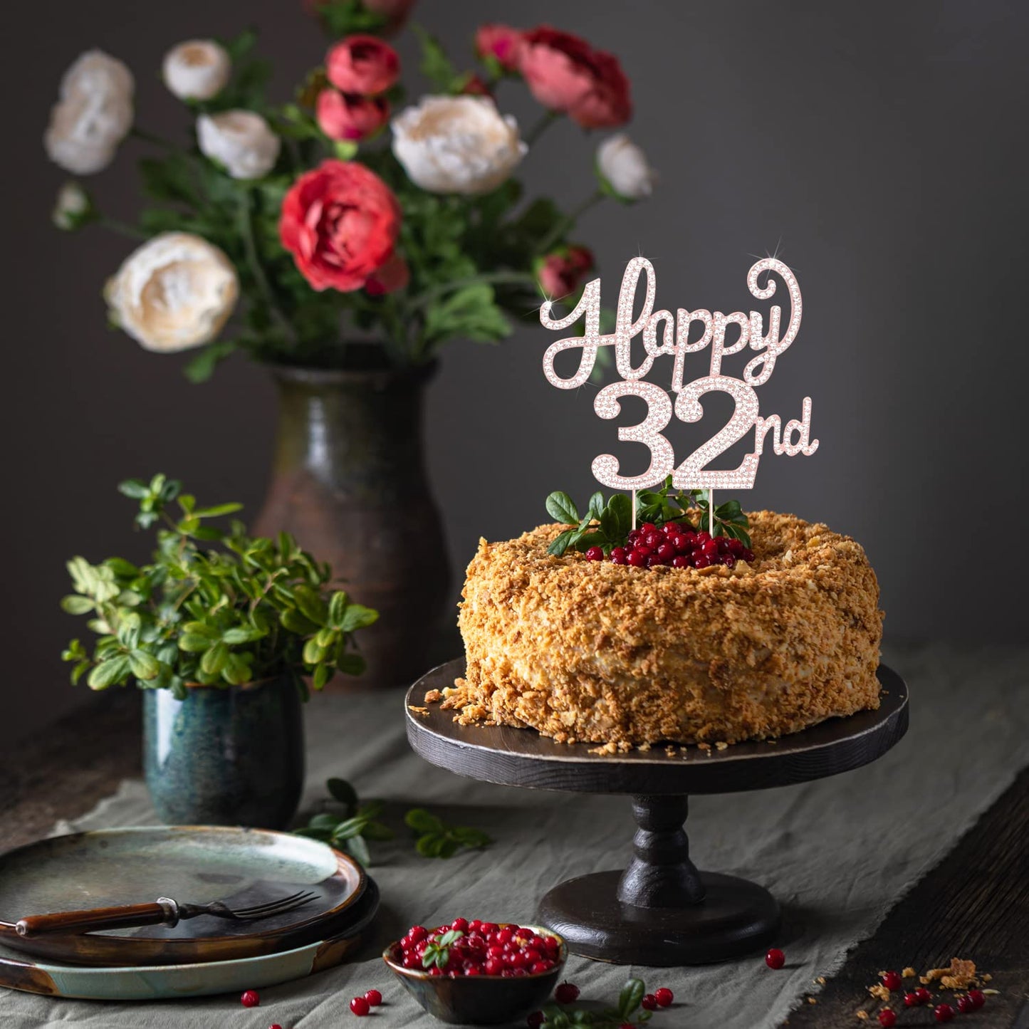 Happy 32Nd Birthday Rose Gold Rhinestone Cake Topper - 32Nd Birthdayanniversary,Cheers To 32 Years Old Bday Party Metal Sparkly