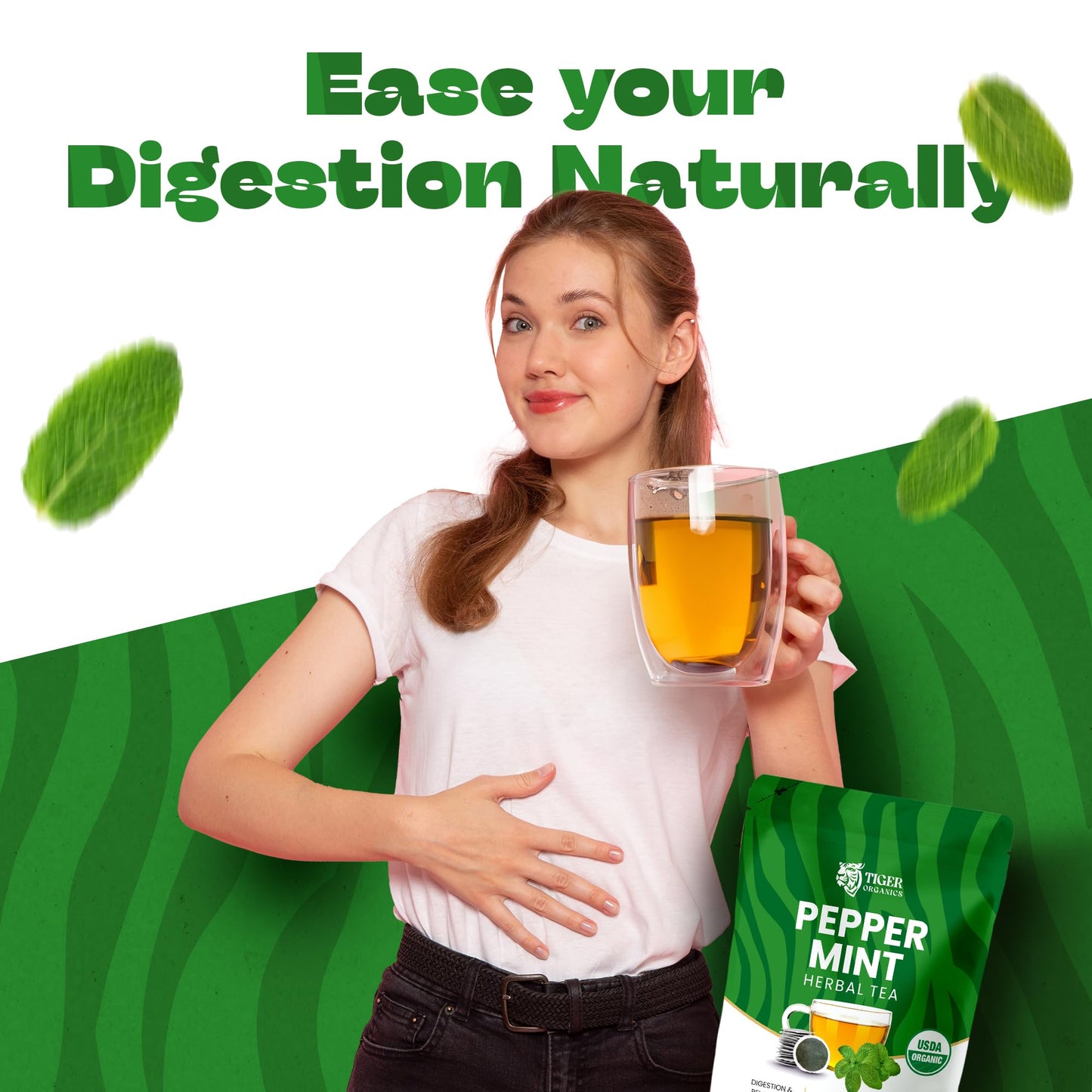 Tiger Organics Peppermint Herbal Tea, 100 Biodegradable Teabags, USDA Organic Certified, Caffeine-Free, Supports Healthy Digestion