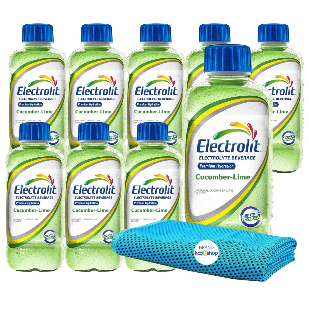 Electrolit Cucumber Lime Hydration Drink With Electrolytes 21 fl oz Plastic Bottles 9 Pack + 1 Microfiber Cooling Towel by KOOL8