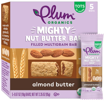 Plum Organics Mighty Nut Butter Bars - Almond Butter - 0.67 Oz Bars (Pack Of 5) - Organic Toddler Food Multigrain Snack Bars