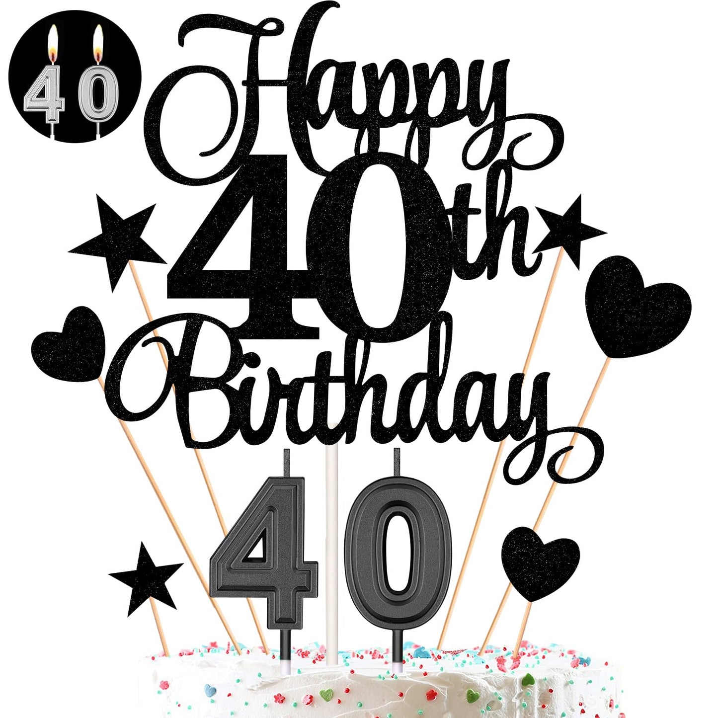 HOGRTi 40th Birthday Cake Decorations Set, Black Series, Paper Candles & Toppers, Numeral 40, Heart & Star Cupcake Picks