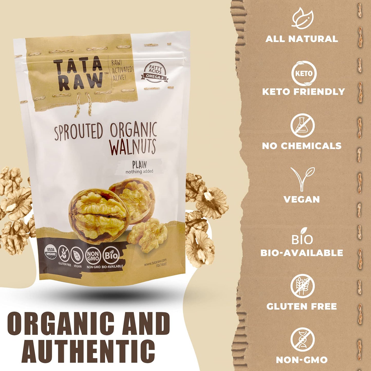 Tata Raw - Sprouted Organic Walnuts - Plain. Nothing Added - 3 Lb