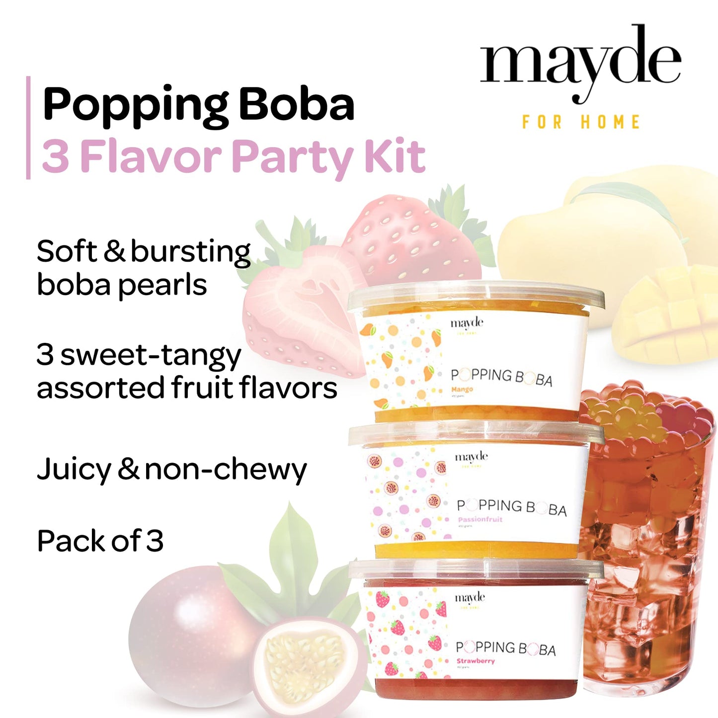 Mayde Bursting Popping Boba Pearls Party Kit - Strawberry, Mango, Passion Fruit, 3 Pack (490 gms)
