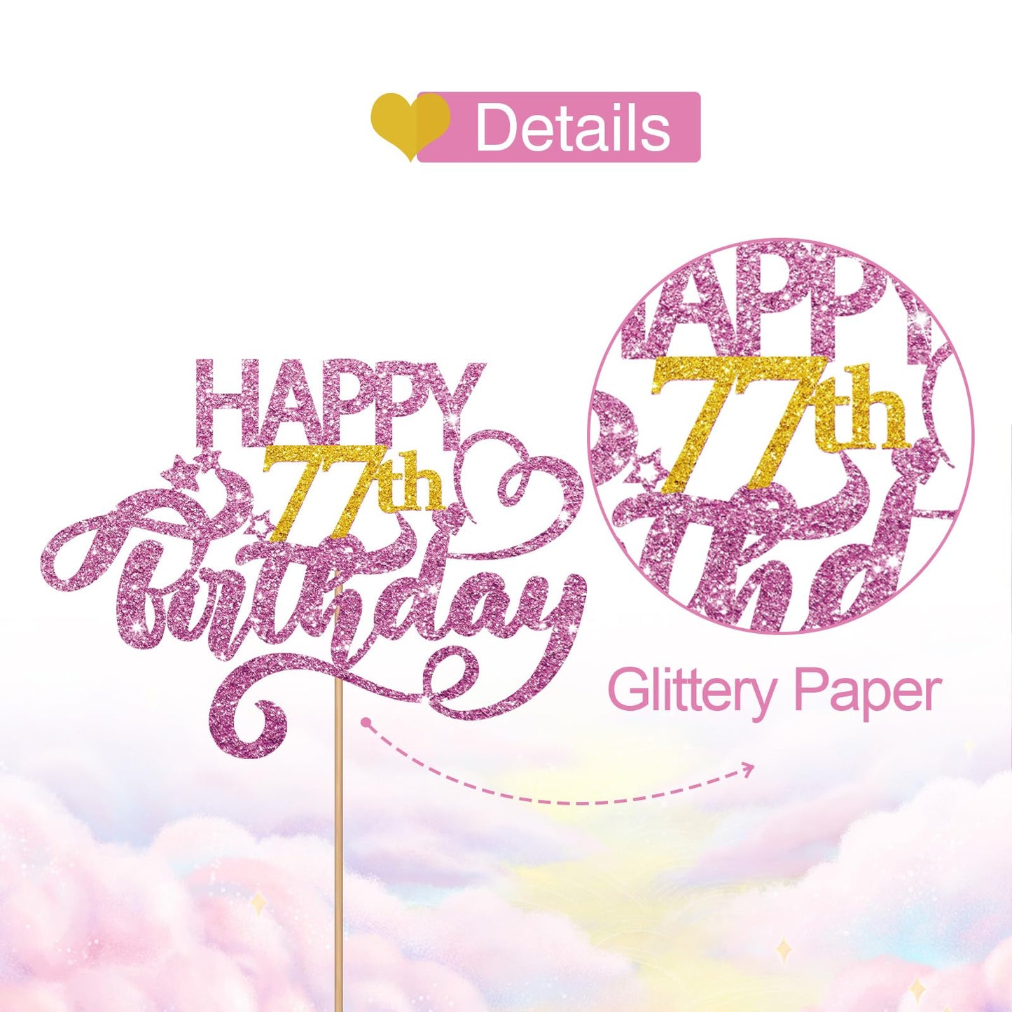 Pink Glitter Happy 77Th Birthday Cake Topper, Seventy Seven Years Old Birthday Party Cake Decor, Gold Number 77 Birthday Party S