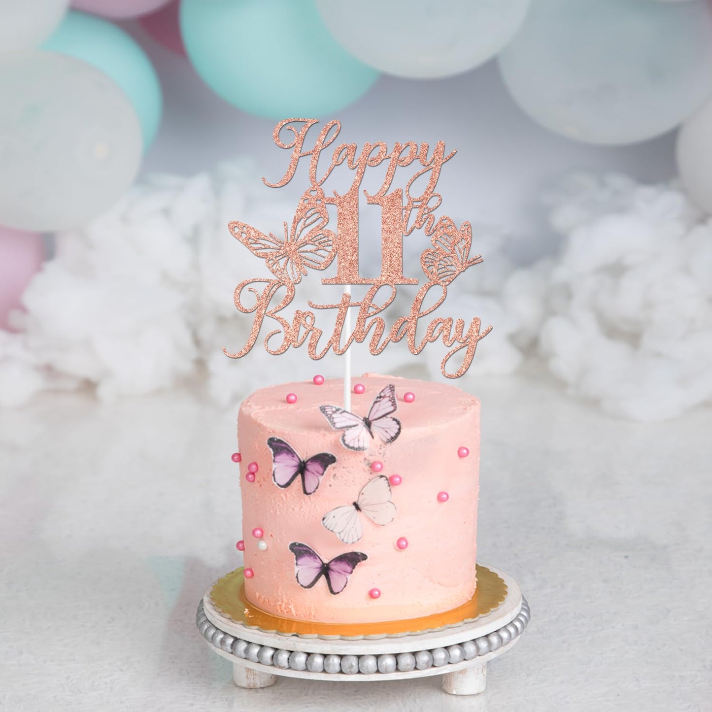 Rose Gold Glitter Happy 11Th Birthday Cake Topper, Butterfly Happy 11Th Birthday/Cheers To 11 Years, Butterfly Themed 11Th Birth