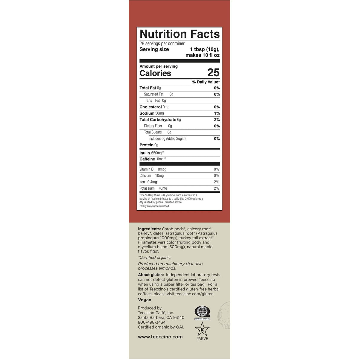 Teeccino Herbal Mushroom Coffee Alternative, Toasted Maple, Caffeine Free, 10 Oz, Pack of 3