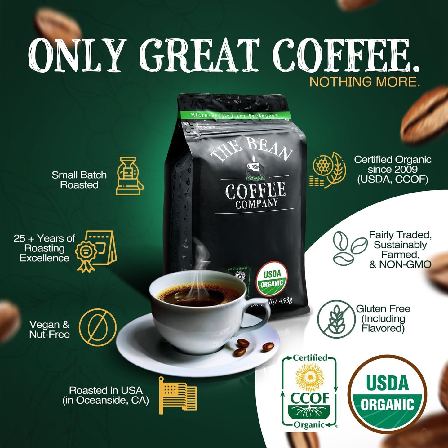 The Bean Organic Coffee Company California Blend, Medium Roast, Ground Coffee, 16-Ounce Bags (Pack Of 2), Caf   Molido Tostado O