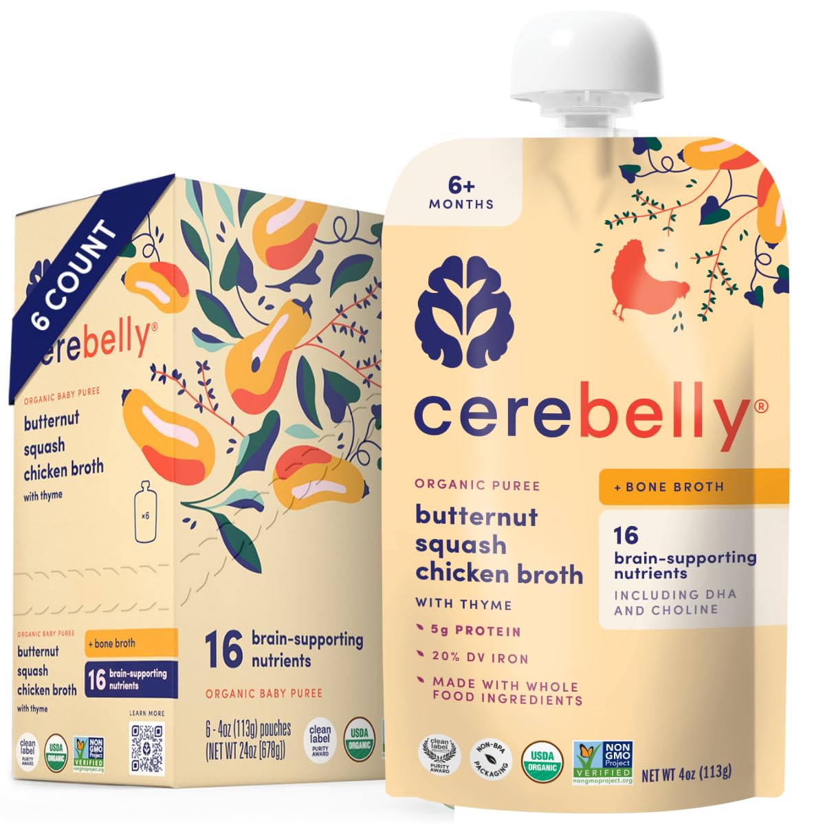 Cerebelly Organic Baby Food Pouches - Organic Chicken Bone Broth Pouches | Protein, Healthy Fats, Non-GMO | Baby Food Meals | 4 