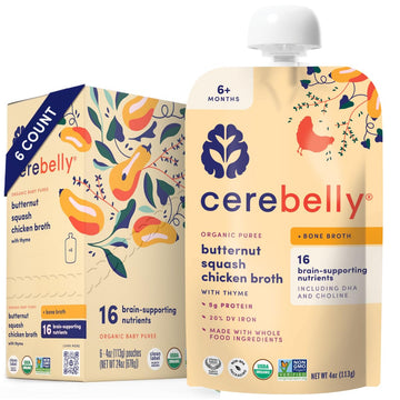 Cerebelly Organic Baby Food Pouches - Organic Chicken Bone Broth Pouches | Protein, Healthy Fats, Non-GMO | Baby Food Meals | 4 