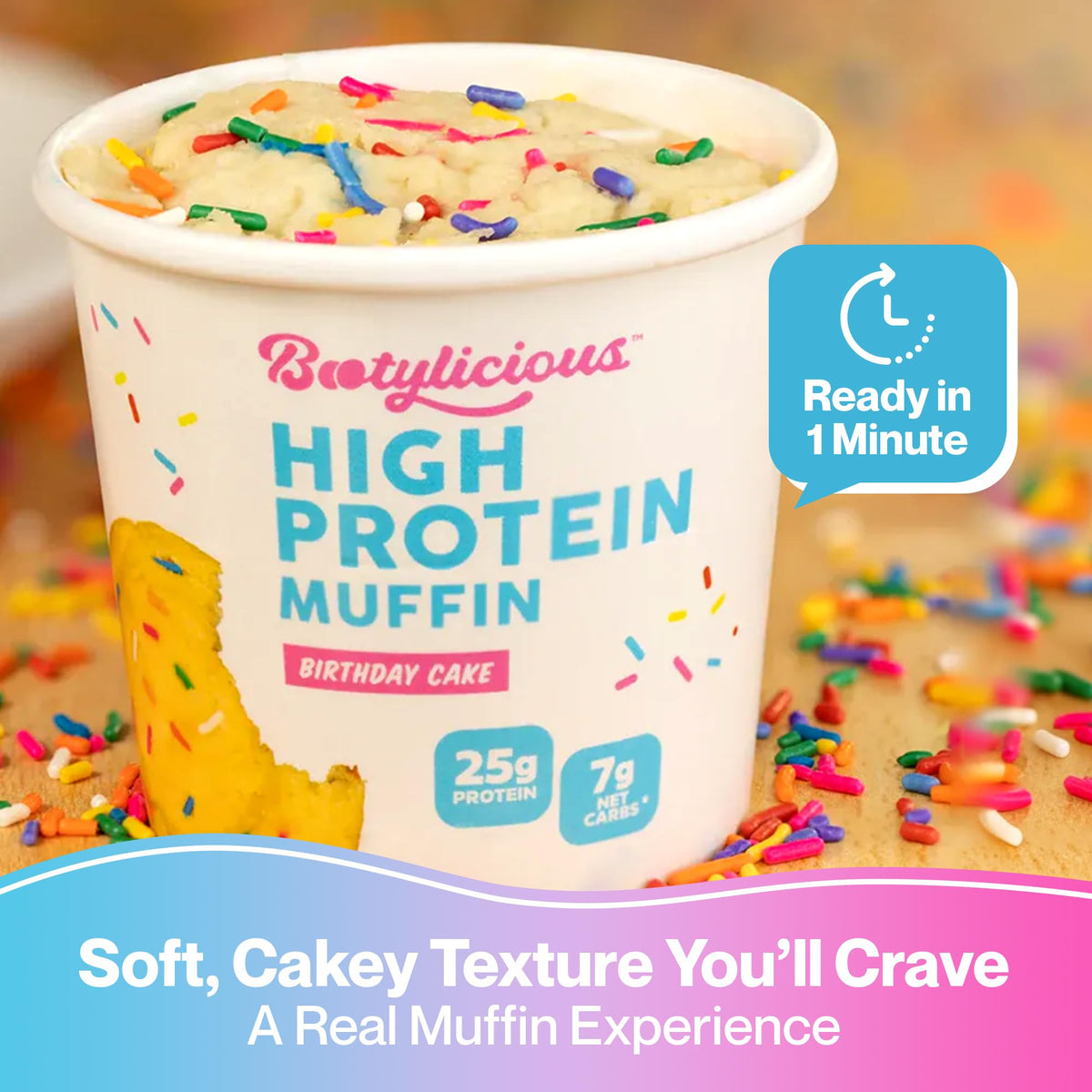 Bootylicious | High-Protein Muffin | 25g Protein, 7g Net Carbs, 2.32-2.75oz Cup, 12-Pack (Birthday Cake)