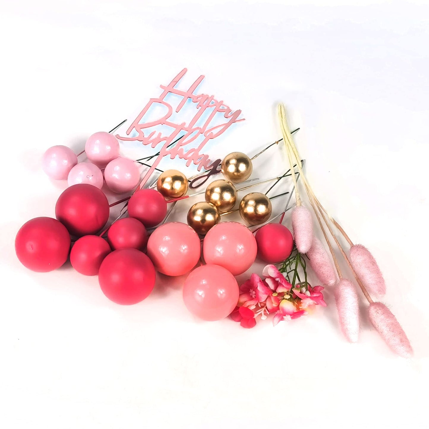 29 Pcs Flower Boho Cake Topper Balls Cake Decorations With Hot Pink And Gold Balls Palm Leaves Artificial Plants For Wedding Bab
