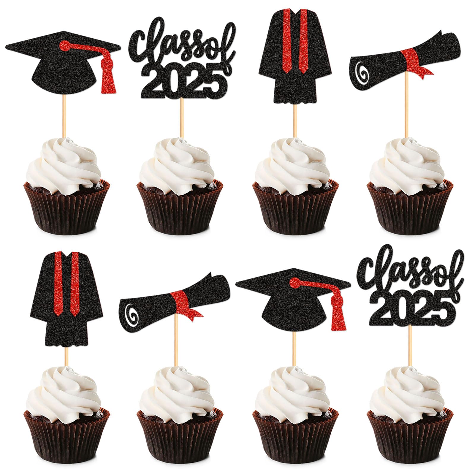 Keaziu 24 Pack Graduation Cupcake Toppers Class Of 2025 Red Graduation Hat Picks for Birthday Party Supplies