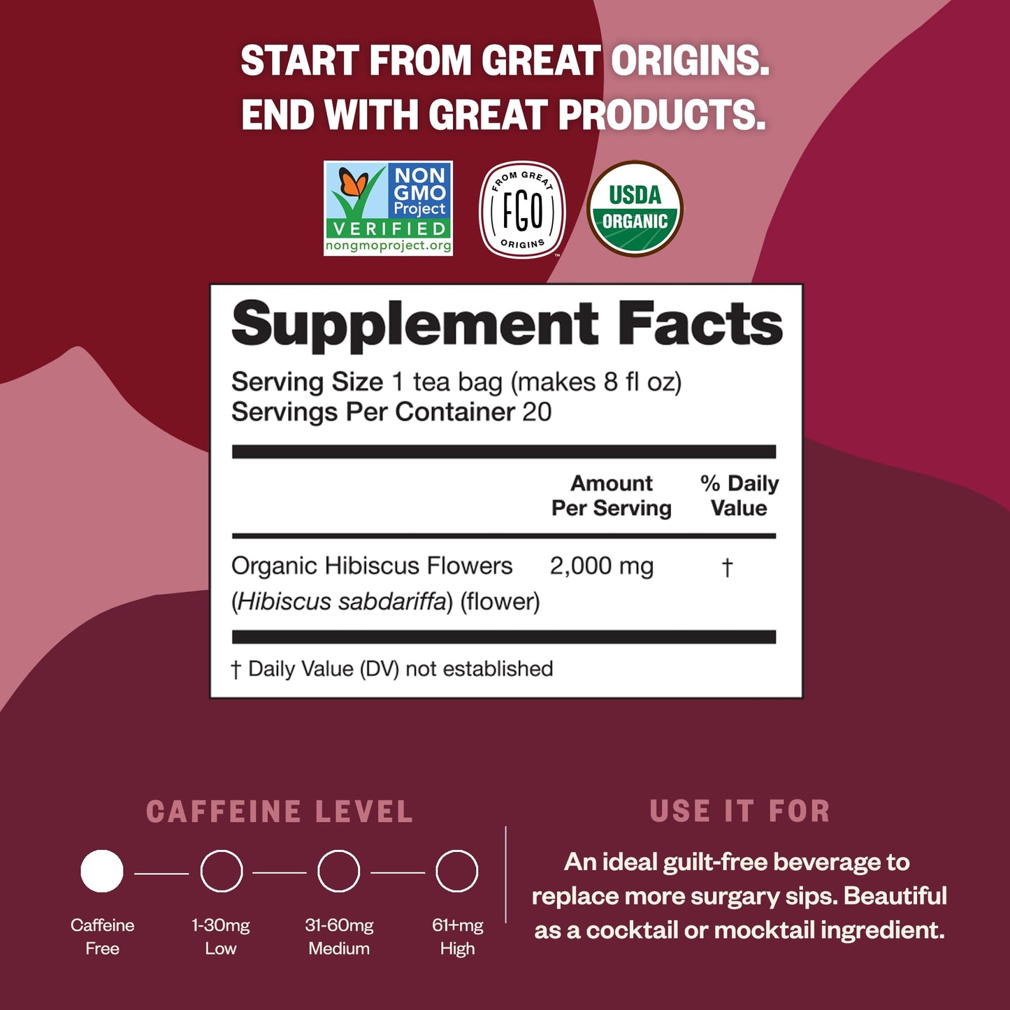 FGO Organic Hibiscus Herbal Tea - Caffeine Free, 20 Count Eco-Conscious Tea Bags, Resealable Bag