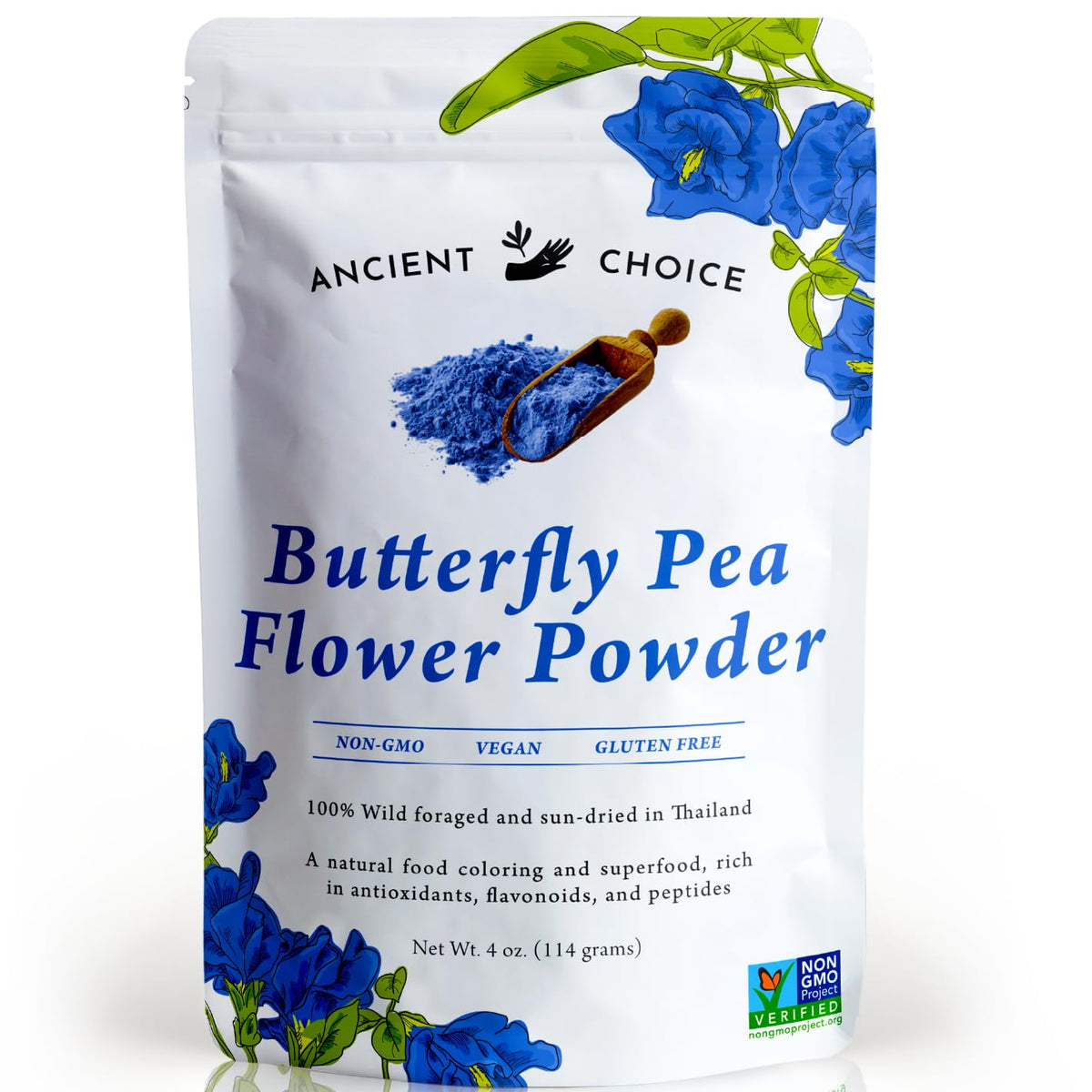 Ancient Choice - Butterfly Pea Flower Powder (4 ounce) | Blue Matcha Tea | Ceremonial (Highest) Grade | Adaptogenic Raw Culinary | Natural Food Coloring | Thai Non-GMO | Vegan