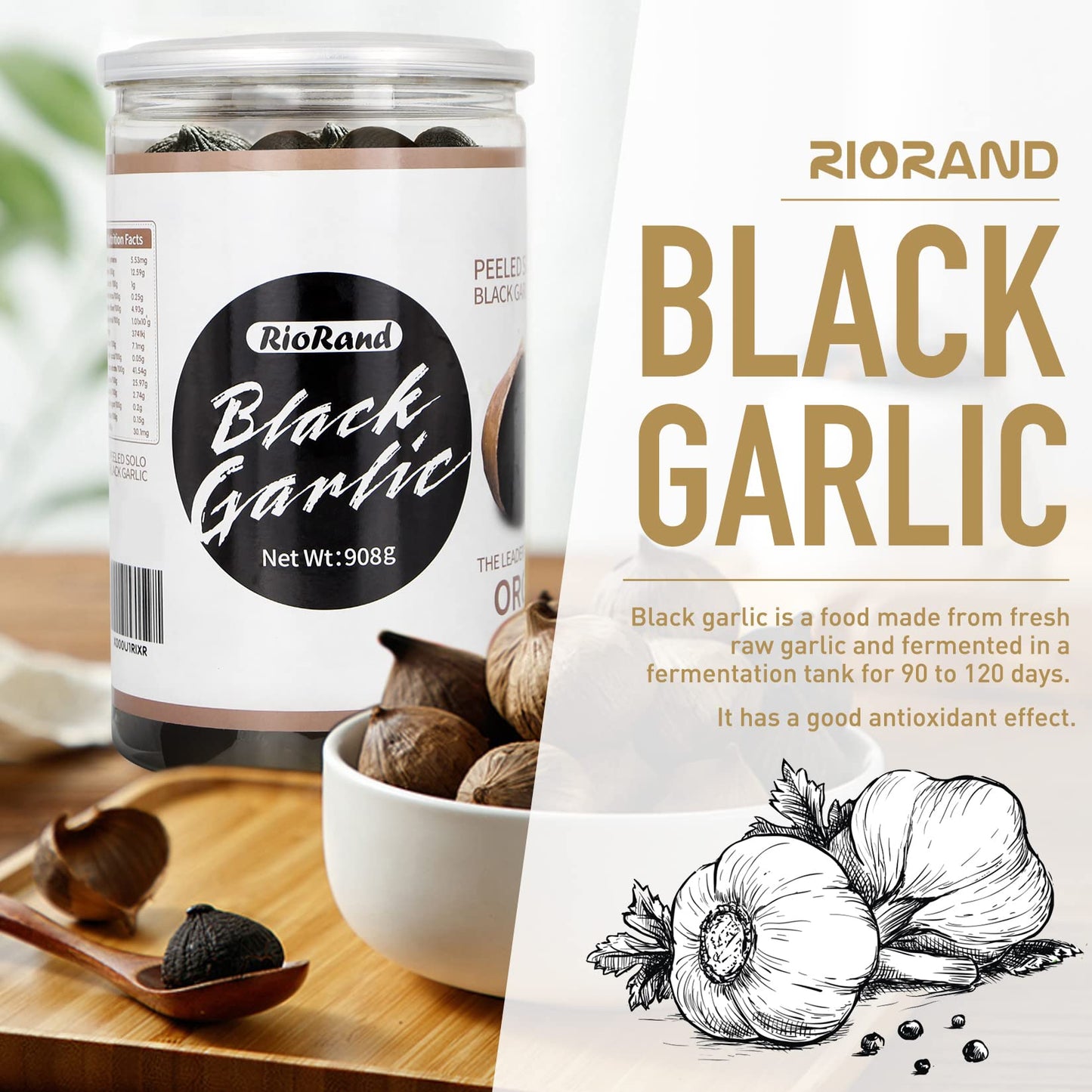 RioRand Black Garlic 908g / 2 Pounds Whole Peeled Black Garlic Aged for Full 90 Days Black Garlic Jar Equal to 4lbs of Whole Bla