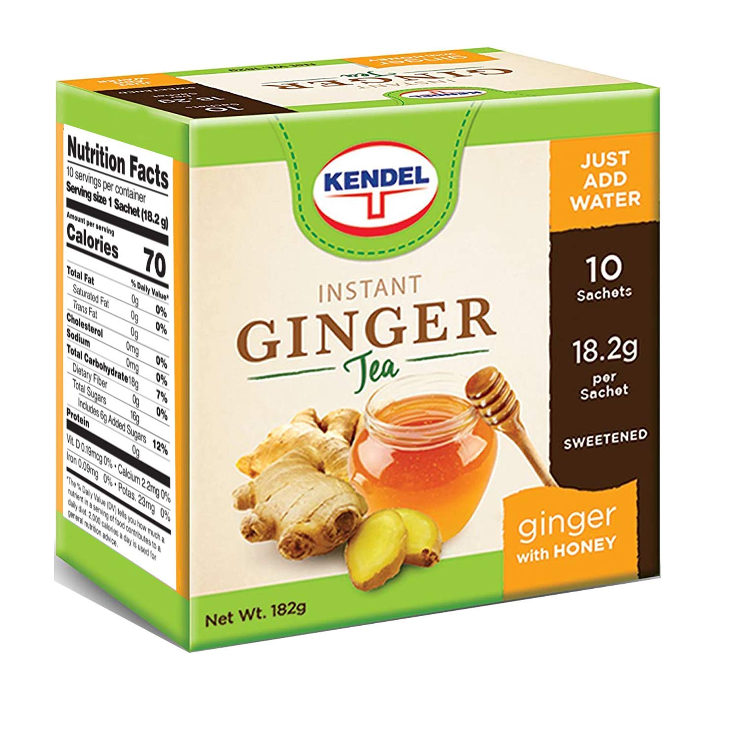 Kendel Instant Ginger Honey Tea, Caffeine Free, 10 Sachets, Non-GMO, 0.64 Ounce