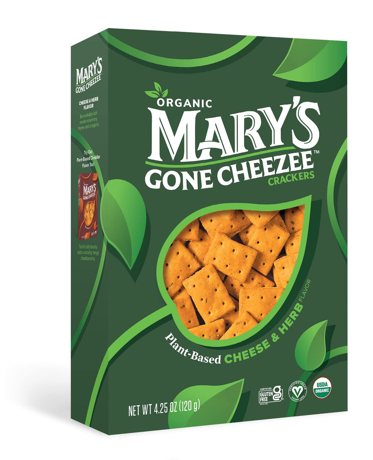 Marys Gone Cheezee Plant-Based Crackers, Cheese & Herb Flavor, Vegan, Dairy Free, Toasty and Tangy Organic Snack, 4.25 Ounce (Pa
