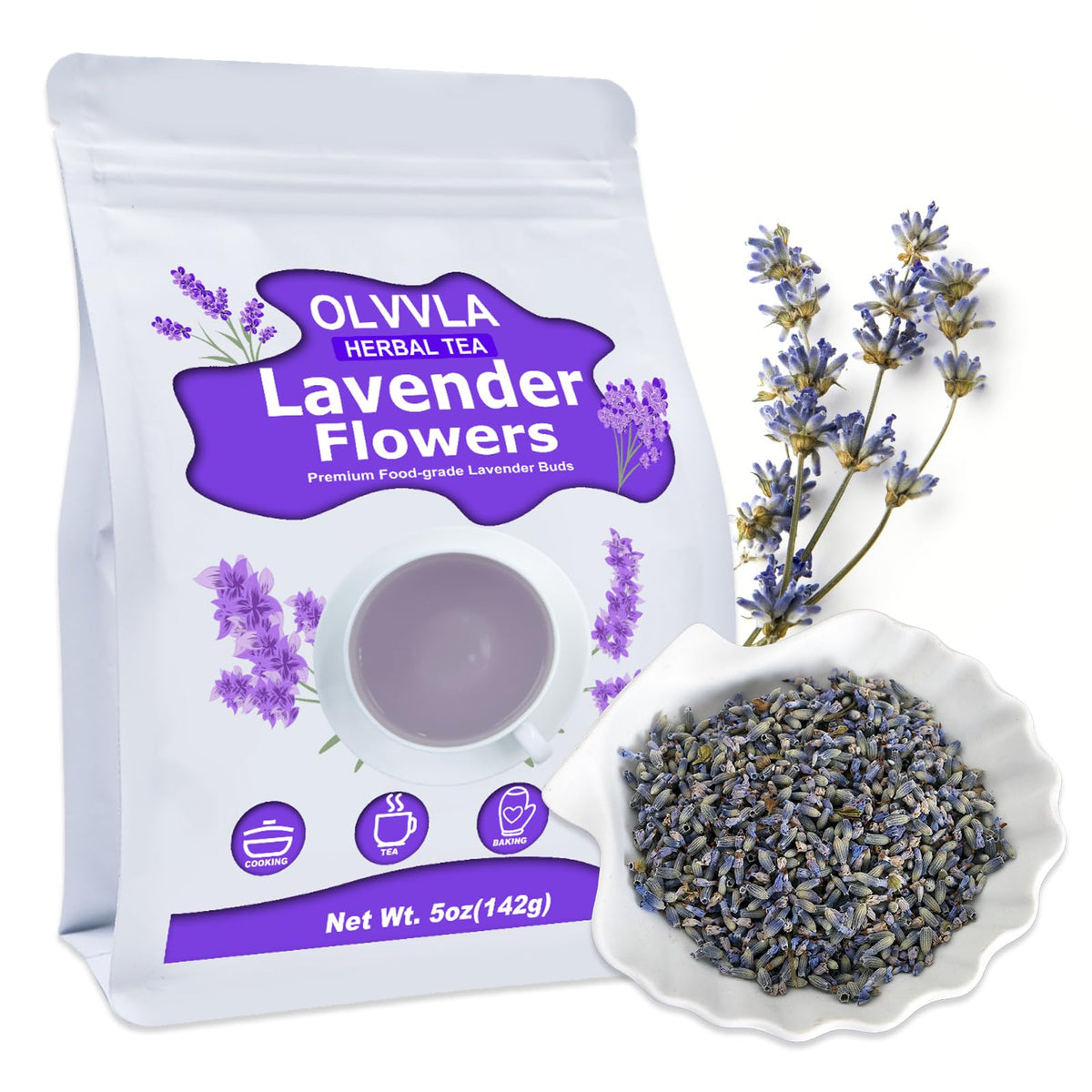 Olvvla - Dried Lavender Flowers - 5Oz/142G - Fragrant Food-Grade Lavender Buds - Perfect For Tea, Baking, Lemonade, Relaxing, Sl