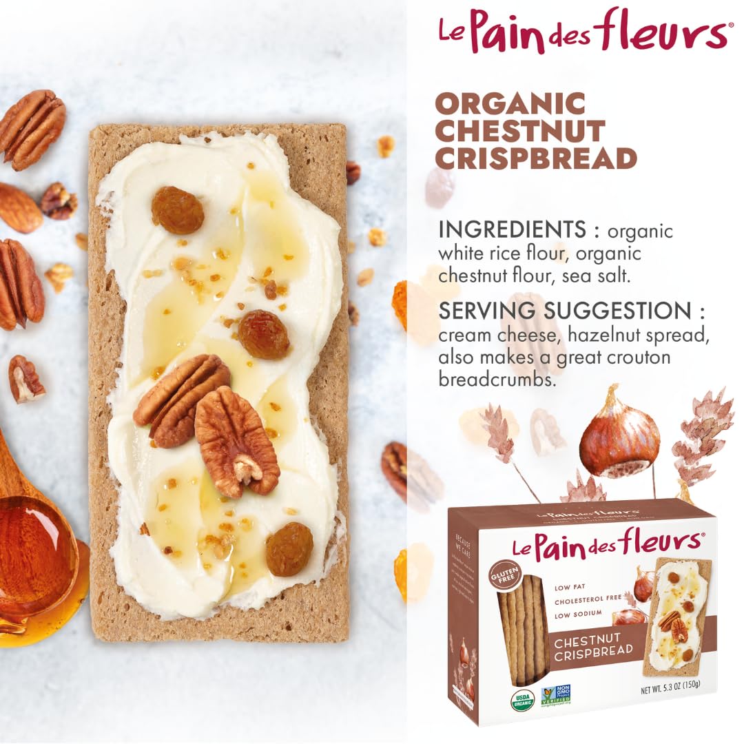 Le Pain des Fleurs Organic Chestnut Crispbread - Low Sodium, Vegan, Gluten Free - 4.4oz Boxes, 6 Pack