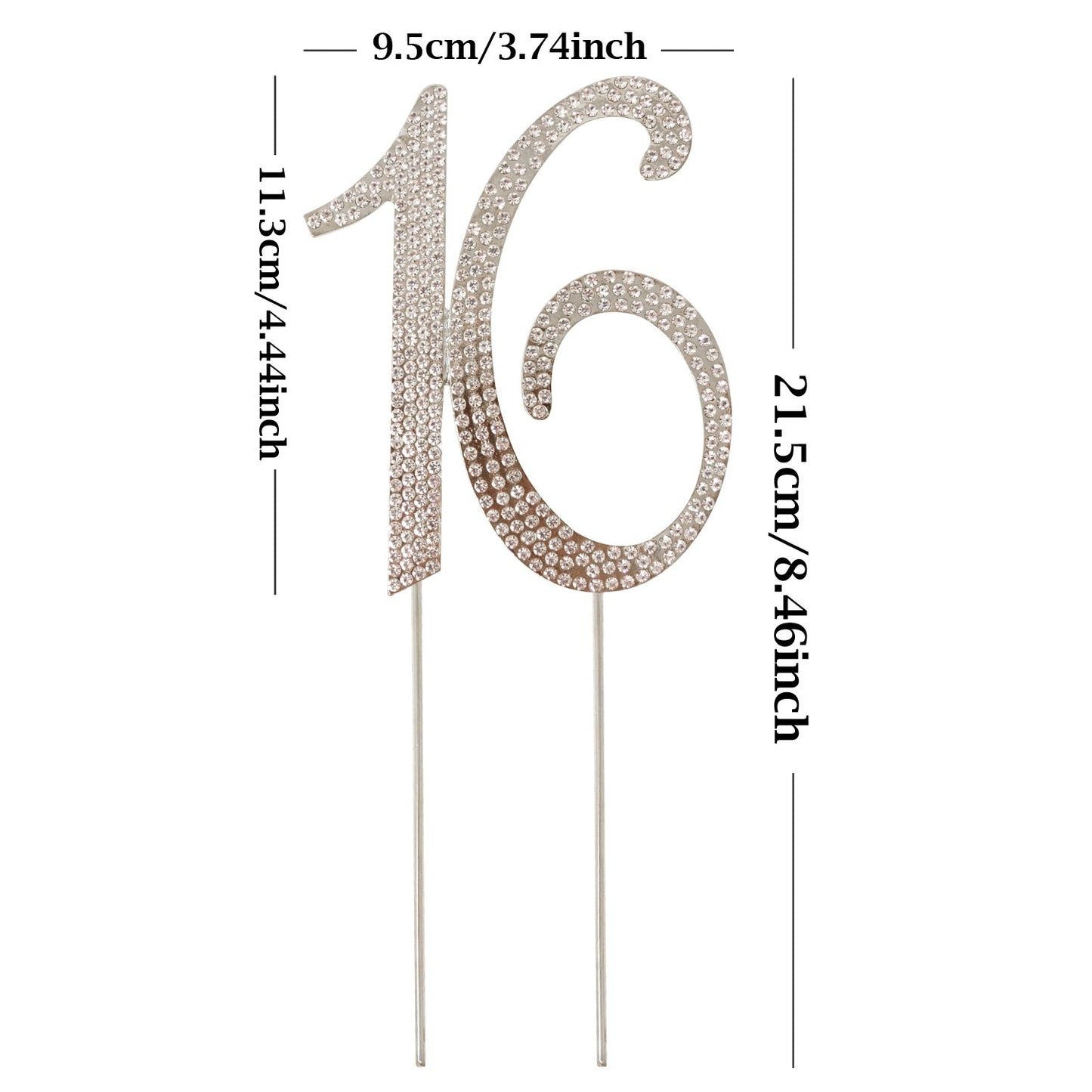 Honbay Cake Topper Premium Sparkly Crystal Rhinestones 4.4x3.7 Inch for Sweet 16 Birthday Party - 16 Silver