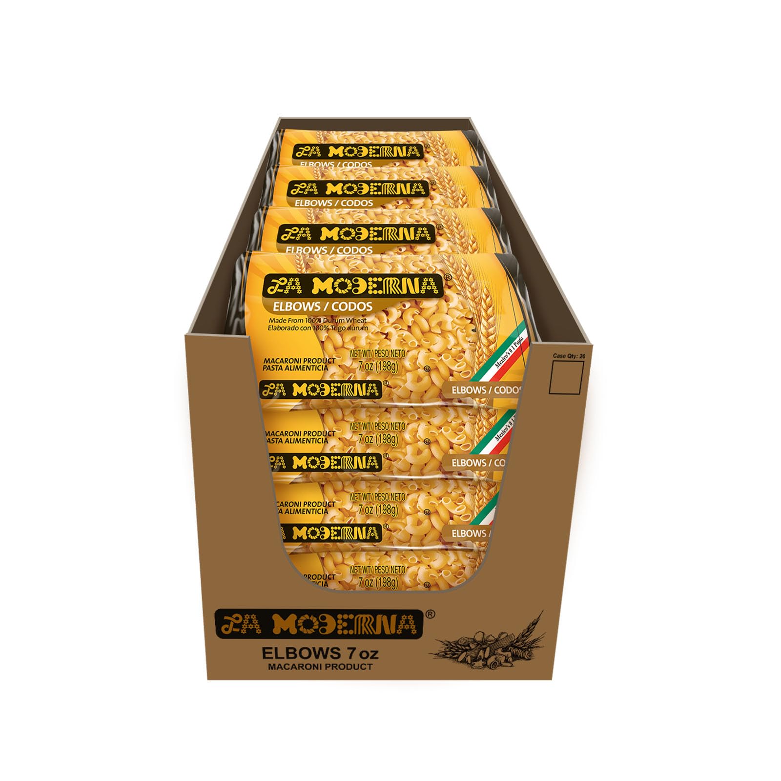 LA MODERNA, Elbow Codos Pasta, 7 oz (Pack of 20) | Enriched Durum Wheat Semolina | Kosher, Non-GMO, Iron and Vitamin-Fortified |