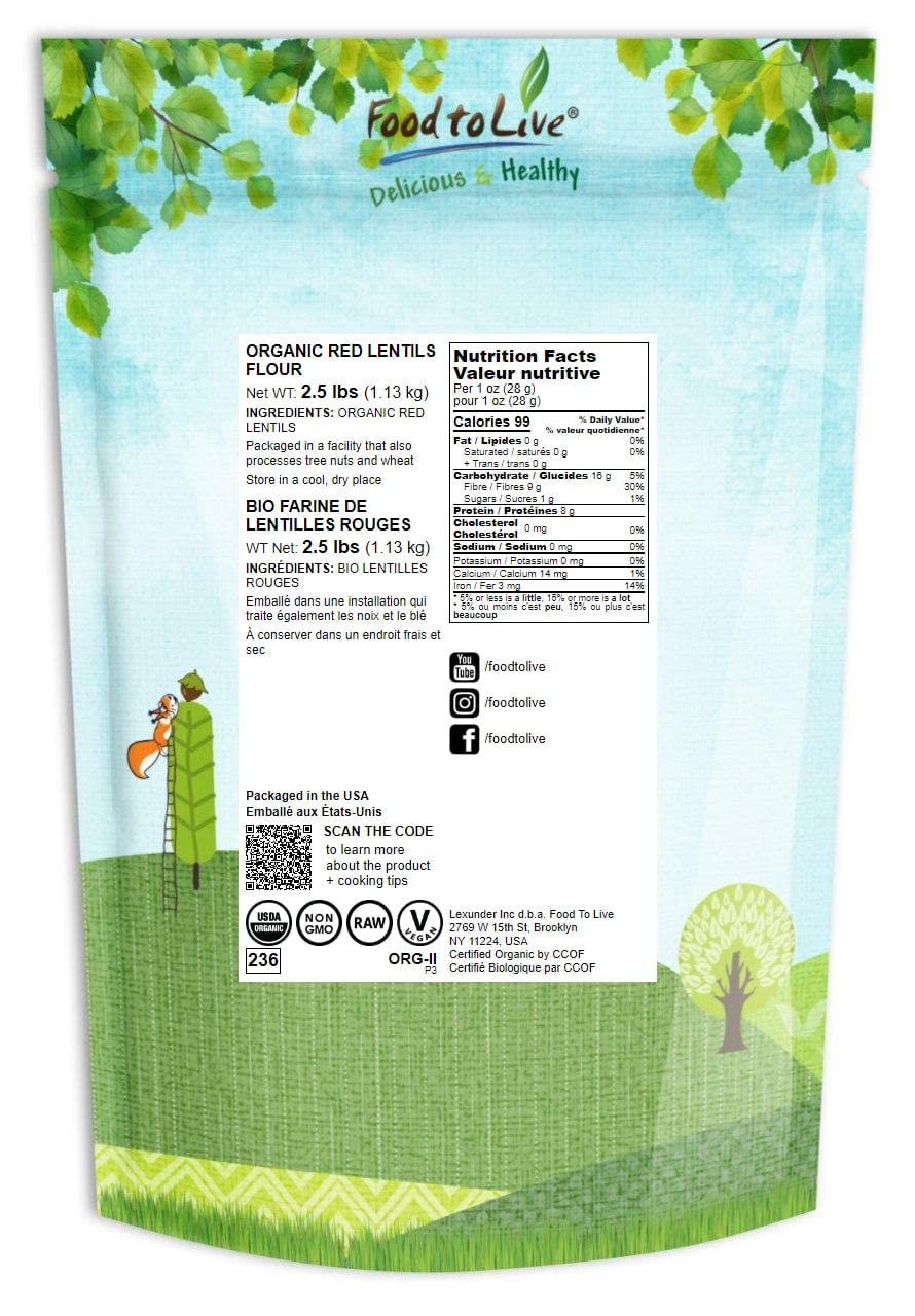 Food To Live Organic Red Lentil Flour, 2.5 Pounds - Non-Gmo, Finely Ground, Pure, Raw, Keto, Nutritious Vegan Powder In Bulk. Go