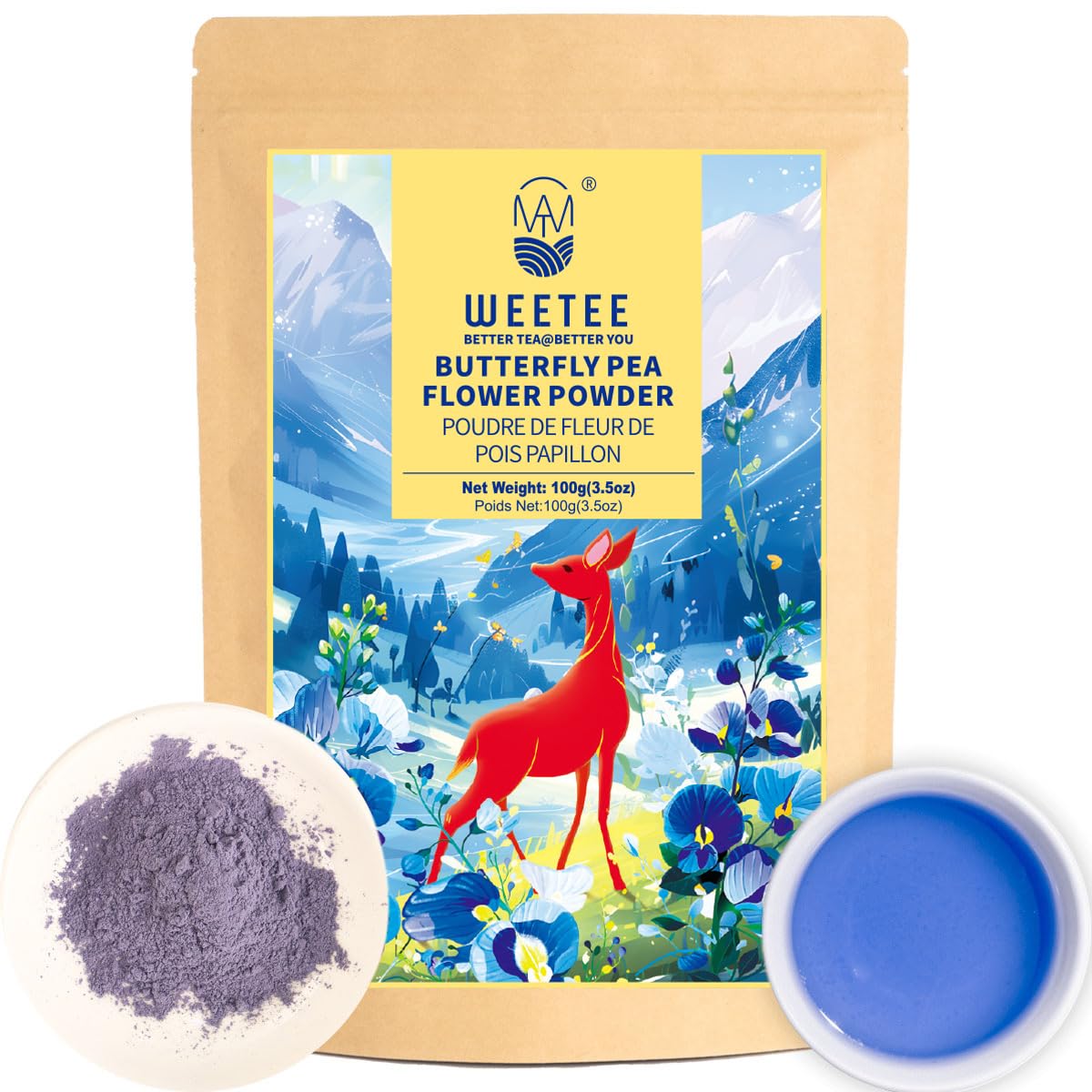 Wt Weetee Butterfly Pea Flower Powder  100% Natural & Pure From Blue Butterfly Pea Flowers  Energy Blend Free Herbal Tea For Blue & Purple Drinks