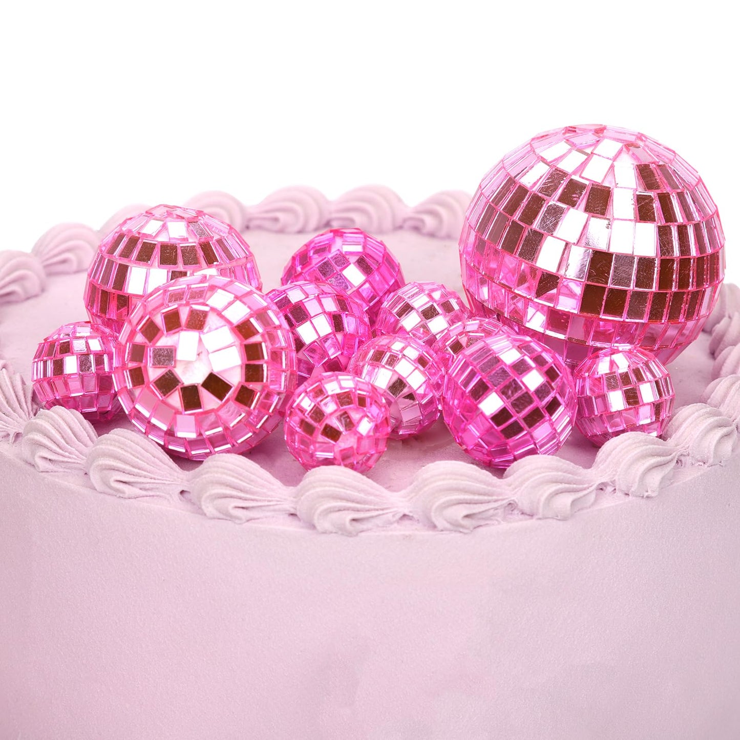 PEUTIER Disco Ball Cake Toppers Set, 12pcs in 4 Sizes, Pink, for Birthday and 70s Theme Parties, Model 04138