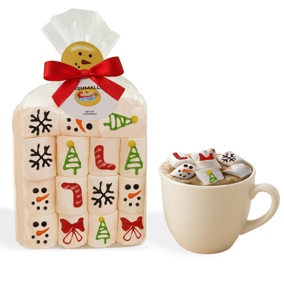 30 Count Christmas Marshmallow Gift Pack, Soft & Fluffy Vanilla Marshmallows, Festive Holiday  , Cute Snowman Packaging, Perfect For Gifting, Hot Chocolate, & Stocking Stuffers, 4.5 Oz 30 Count