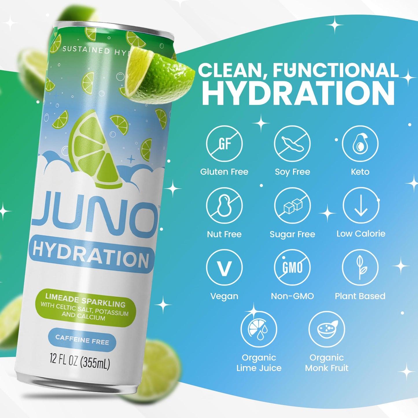 JUNO Hydration Drink Limeade Sparkling - Sugar Free Electrolytes, Organic Ingredients - 12 Pack