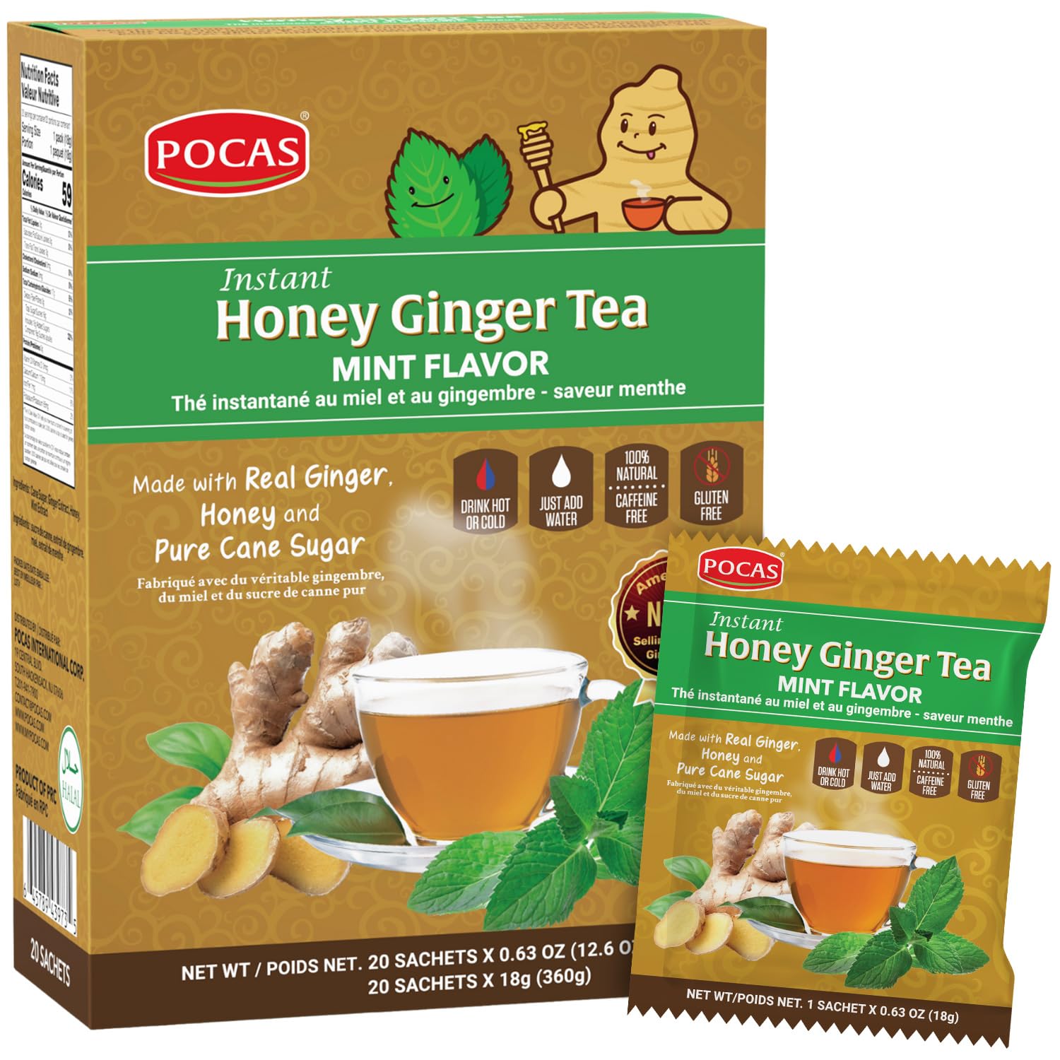 Pocas Honey Ginger Instant Tea Powder, Mint Flavor, Caffeine-Free, 20 Packets