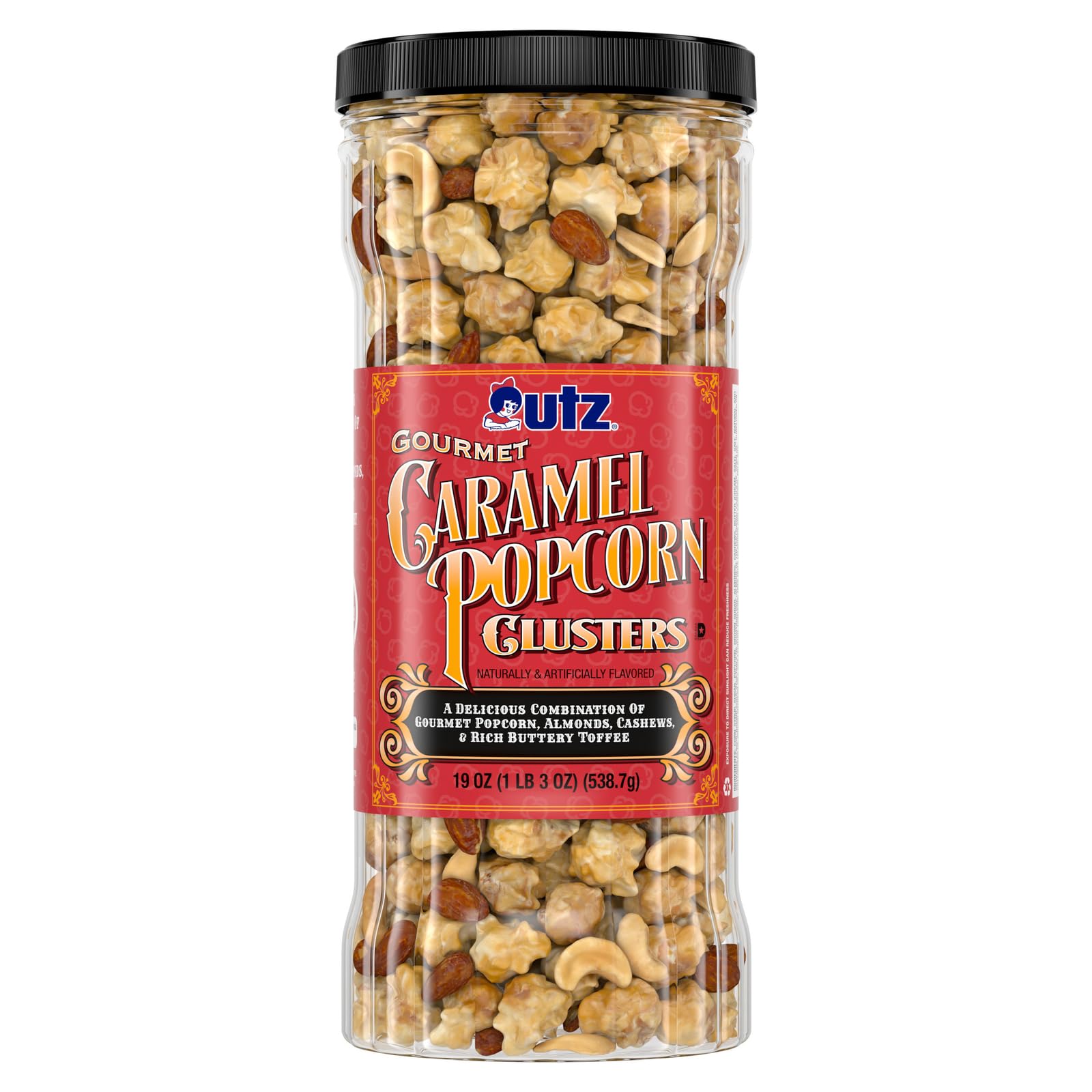 Utz Gourmet Popcorn Clusters  Caramel Nut Clusters - 19 Oz. Barrel - Crunchy Popcorn Snack Mix With Almonds  Cashews  And Buttery Toffee  Trans Fat Free  Cholesterol Free  Gluten Free Snacks