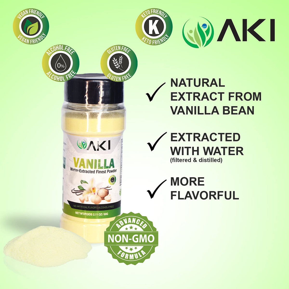 Aki Vanilla Water Extracted Powder From Authentic Beans For Flavoring, Cooking, Baking & Smoothies - Sugar Free &   Free - Added 2% Monk Fruit Sweetener - Non-Gmo & Vegan (2.11Oz/60G)