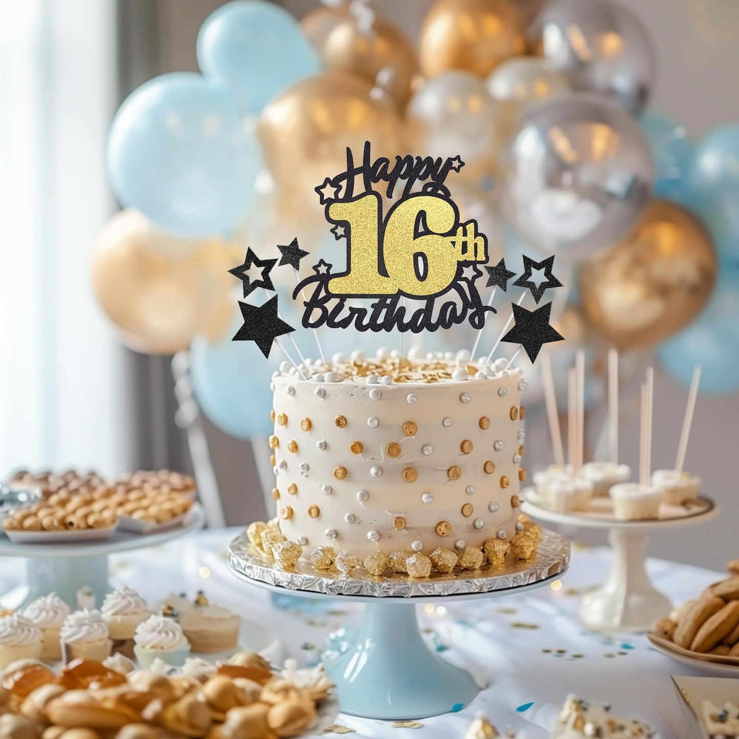 Happy 16Th Birthday Cake Topper, Black And Gold Glitter Cake Toppers, 16 Year Birthday Party Cake Decoration