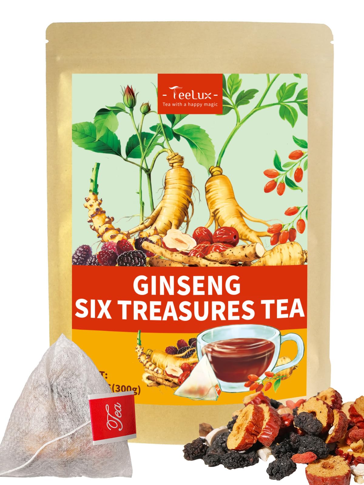 Teelux Flavor Blendseng Six Treasures Tea  Traditional Chinese Herbal Tea Blend With Flavor Blendseng  Mulberry  Goji Berry  Yam  30 Biodegradable Pyramid Bags  Energy Blend-Free