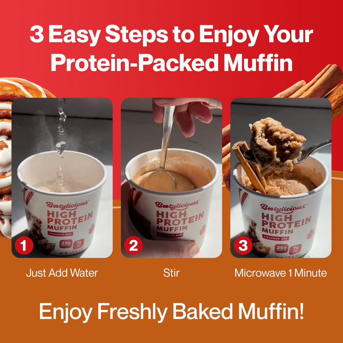 Bootylicious | High-Protein Muffin | 25g Protein, 7g Net Carbs, 2.32-2.75oz Cup, 12-Pack (Cinnamon Bun)