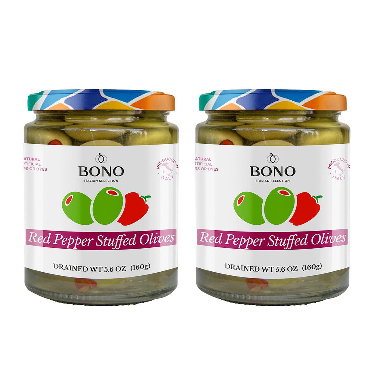 Bono Italian Gourmet Olives | Product Of Italy | All Natural | No Artificial Colors Or Dyes | Non-Gmo Verified  (Pack Of 2) (5.6 Oz  Red Pepper Stuffed)