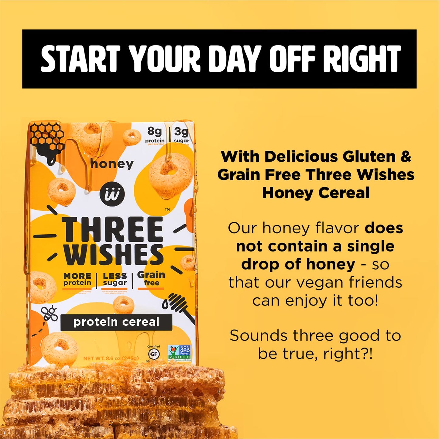 Protein and Gluten-Free Breakfast Cereal by Three Wishes (1-Pack) - High Protein and Low Sugar Snack - Vegan, Kosher, Grain-Free