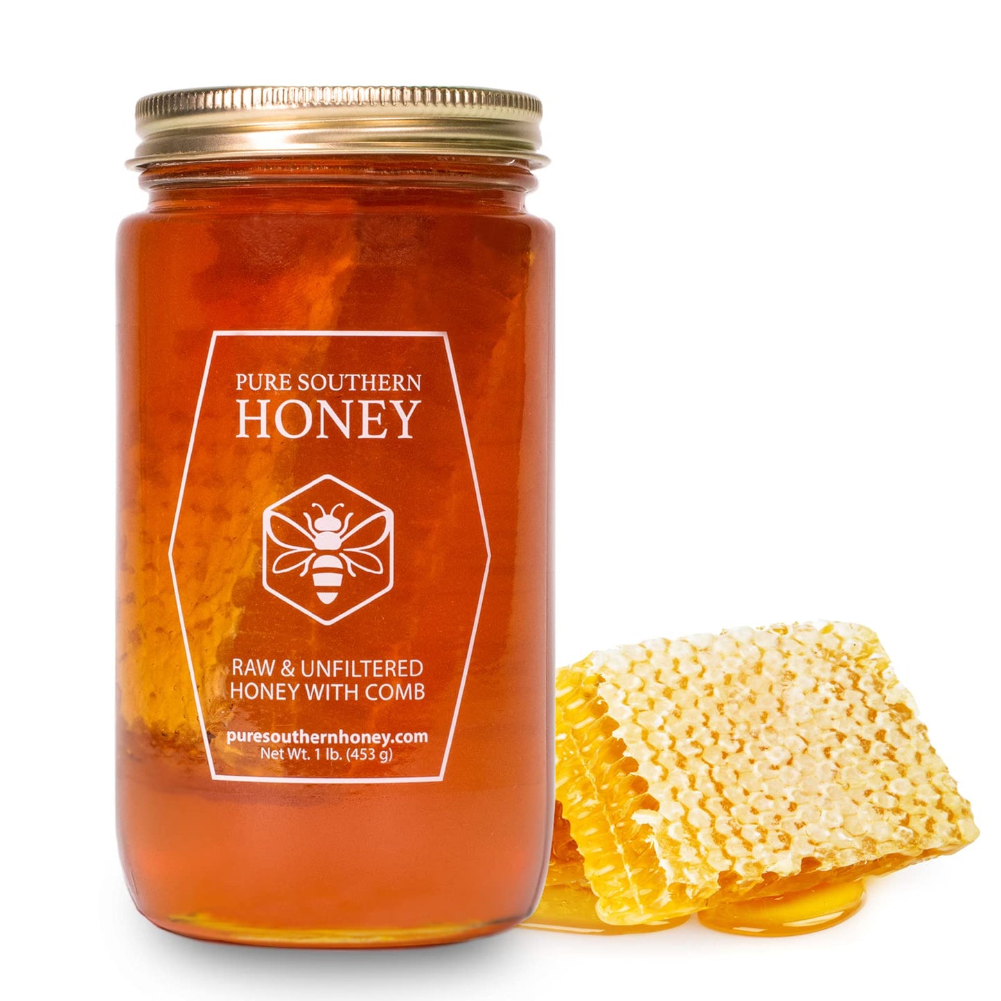 Pure Southern Honey Raw Unfiltered Honey with Honeycomb, 16 oz, Non-GMO, Sugar-Free, Authentic USA Gallberry Honey