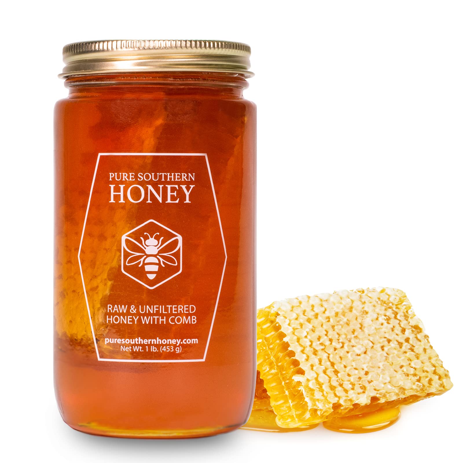 Pure Southern Honey Raw Unfiltered Honey with Honeycomb, 16 oz, Non-GMO, Sugar-Free, Authentic USA Gallberry Honey