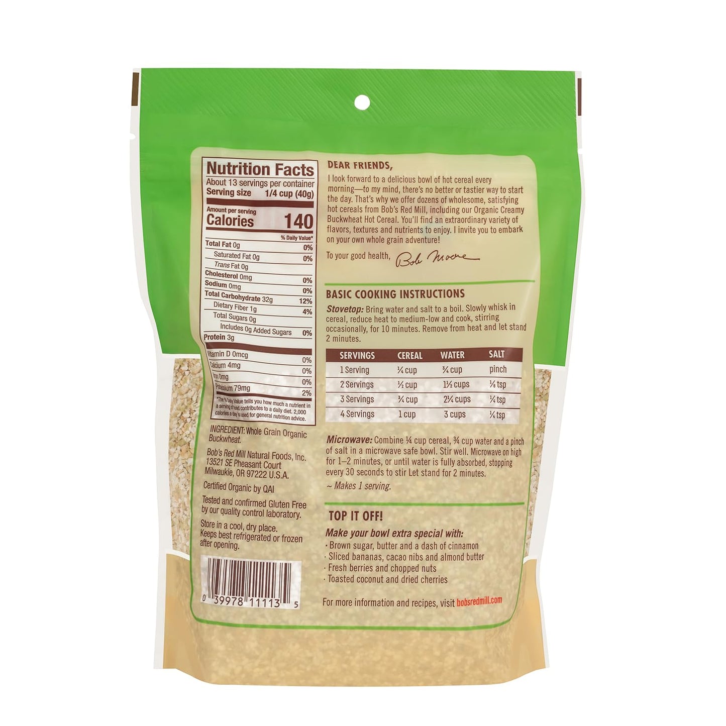 Bobs Red Mill Organic Gluten Free Creamy Buckwheat Hot Cereal, Non-GMO, Vegan, 18oz