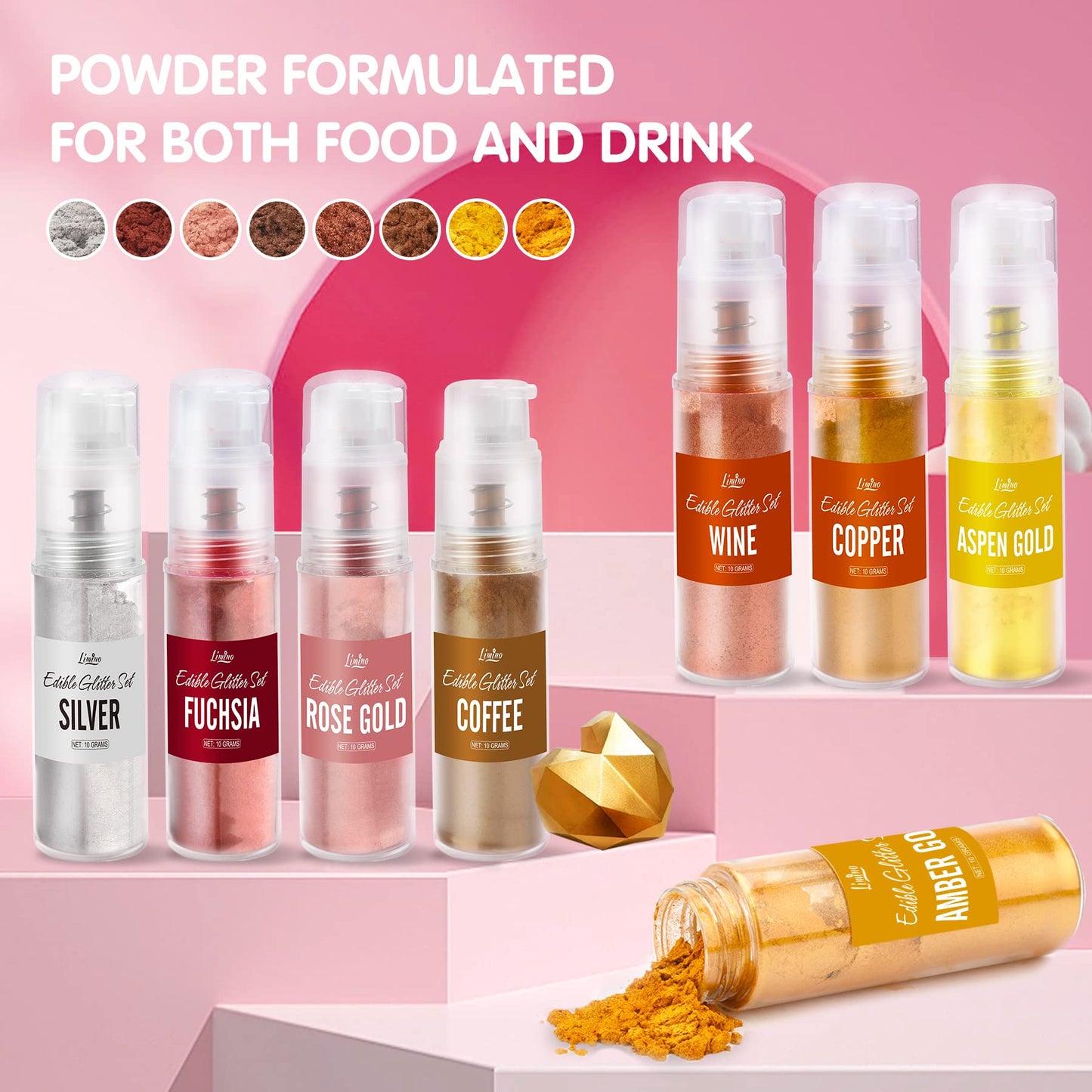 Limino Edible Glitter Spray - 10g Metallic Luster Dust for Baking, Cake Decorating, Drinks - Rose Gold