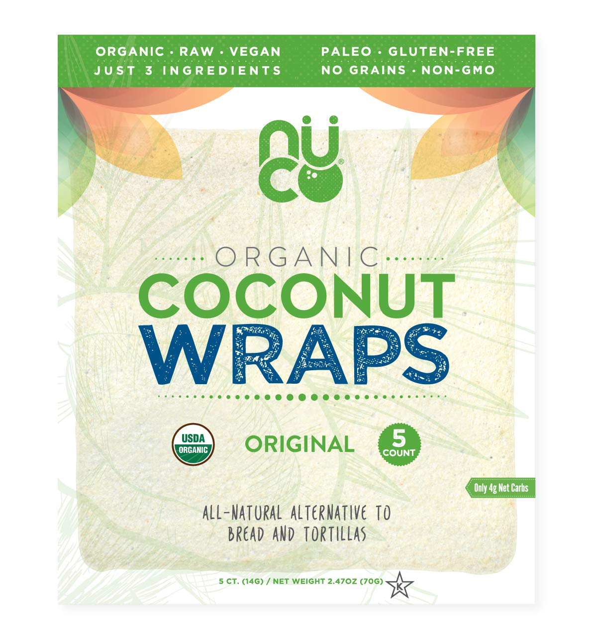 Nuco Certified Organic Paleo Gluten Free Vegan Coconut Wraps, 5 Count (One Pack Of Five Wraps)