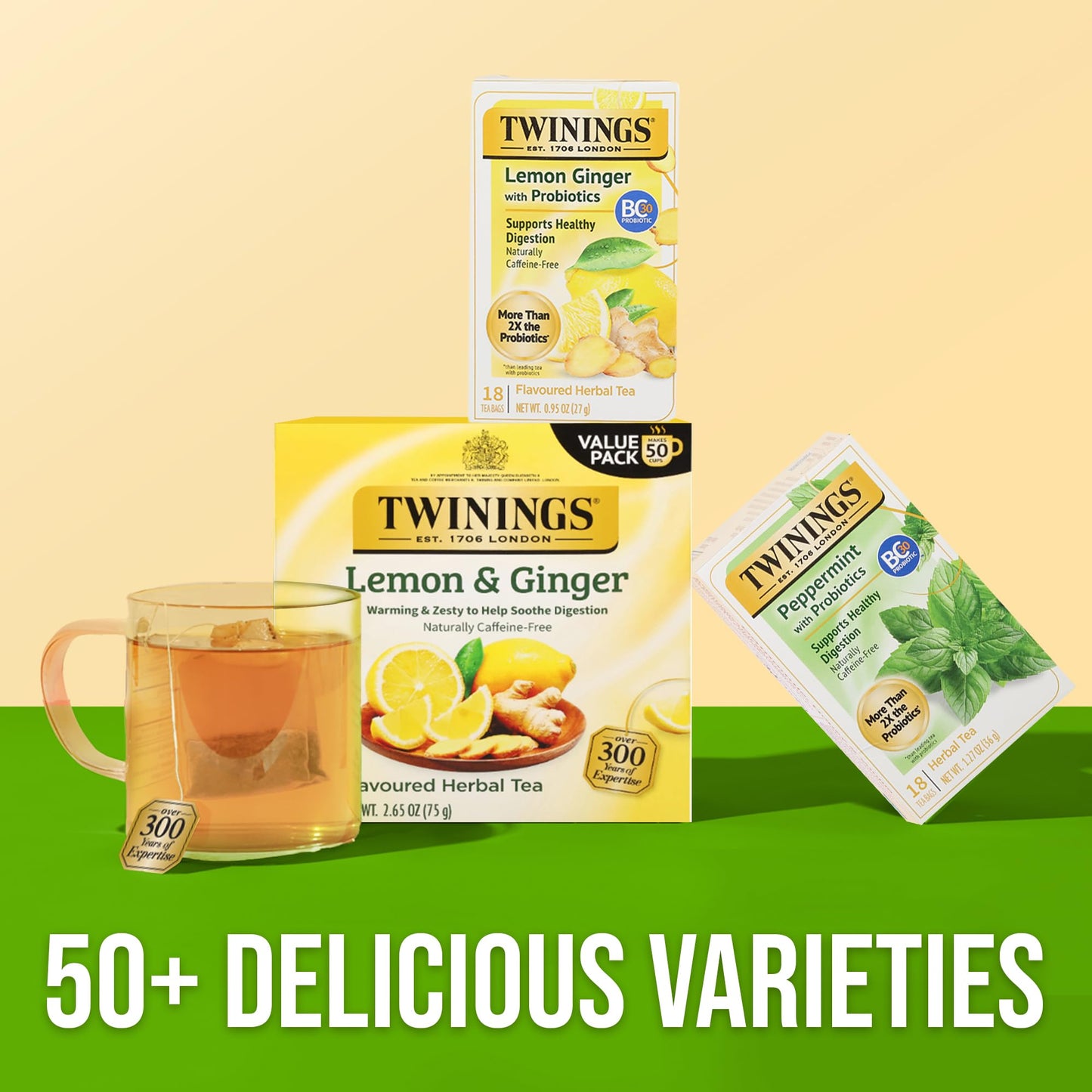 Twinings Superblends Probiotics+ Lemon & Ginger Flavoured Herbal Tea with Turmeric  Caffeine-Free  18 Count (Pack of 1)  Enjoy Hot or Iced  18 Teabags