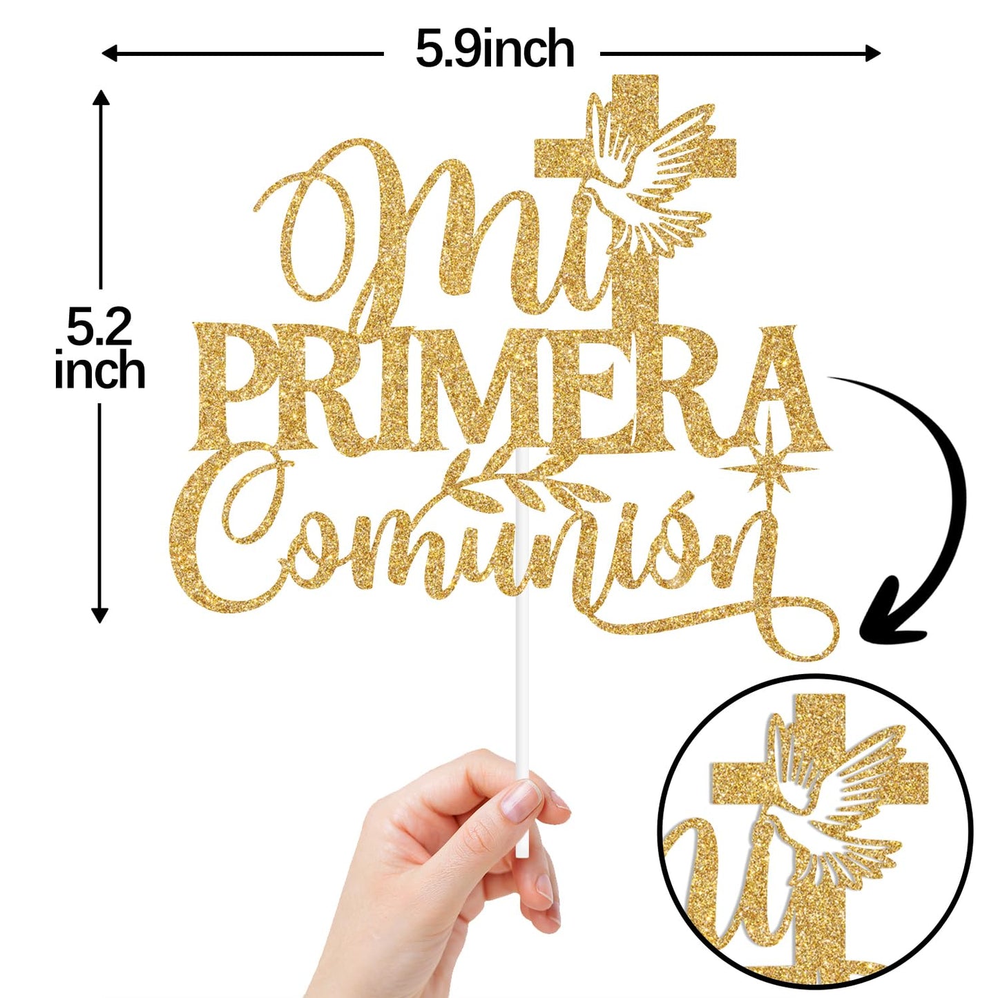 ZACHAKO Gold Glitter Cake Topper - Mi Primera Comunion, 5x5, Paper Decoration for Baptism/First Holy Communion, Baby Shower